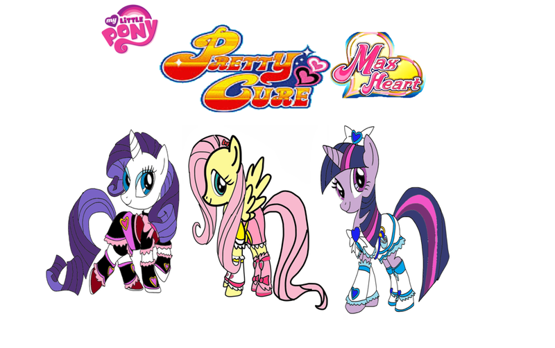 Size: 1024x643 | Tagged: 2005, artist:omegaridersangou, cure black, cure white, derpibooru import, fluttershy, futari wa precure, precure, pretty cure, pretty cure max heart, rarity, safe, shiny luminous, twilight sparkle