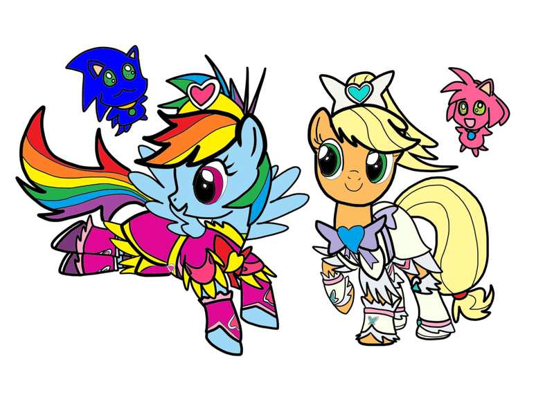 Size: 1024x768 | Tagged: safe, artist:omegaridersangou, derpibooru import, applejack, rainbow dash, 2006, amy rose, choppy, clothes, cosplay, costume, crossover, cure bloom, cure egret, flappy, image, png, precure, pretty cure, pretty cure splash star, sonic the hedgehog, sonic the hedgehog (series)