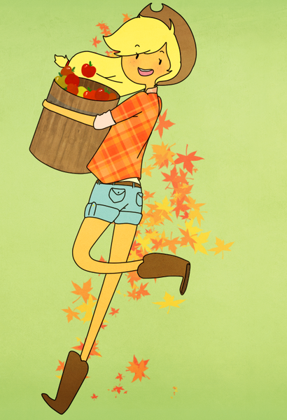 Size: 525x768 | Tagged: safe, artist:giraffewizardry, derpibooru import, applejack, adventure time, apple, barrel, humanized, skinny, solo, style emulation