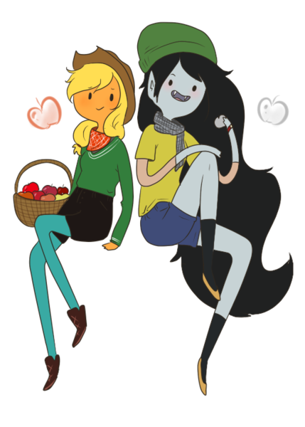 Size: 520x727 | Tagged: safe, artist:giraffewizardry, derpibooru import, applejack, adventure time, apple, basket, crossover, duo, humanized, marceline, simple background, skinny, smiling, transparent background