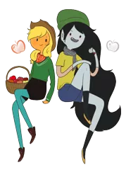 Size: 520x727 | Tagged: safe, artist:giraffewizardry, derpibooru import, applejack, adventure time, apple, basket, crossover, duo, humanized, marceline, simple background, skinny, smiling, transparent background