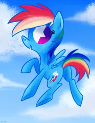 Size: 700x900 | Tagged: dead source, safe, artist:dotoriii, derpibooru import, rainbow dash, pegasus, pony, cloud, flying, open mouth, sky, smiling, solo, spread wings, wings