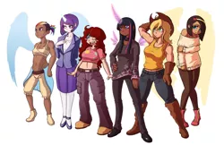 Size: 1763x1143 | Tagged: applebucking thighs, applejack, armpits, artist:fore-trekker, belly button, choker, chubby, clothes, derpibooru import, fluttershy, gloves, horned humanization, human, humanized, line-up, mane six, midriff, natural hair color, off shoulder, pinkie pie, rainbow dash, rarity, safe, skirt, sports bra, stout, stout strength, suit, tanktop, twilight sparkle, twilight sparkle (alicorn), winged humanization