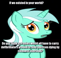 Size: 600x571 | Tagged: black background, caption, conspiracy lyra, cute, defibrillators, derpibooru import, diabetes, dialogue, exploitable meme, hnnng, image macro, lyra heartstrings, meme, question, safe, simple background