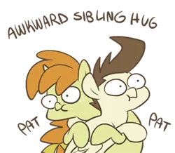 Size: 300x261 | Tagged: safe, artist:egophiliac, derpibooru import, pound cake, pumpkin cake, pegasus, pony, unicorn, slice of pony life, :t, awkward, awkward sibling hug, brother and sister, colt, female, filly, gravity falls, hug, male, siblings, simple background, tourist trapped, transparent background, twins, woonoggles