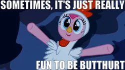 Size: 768x432 | Tagged: animal costume, butthurt, caption, chicken, chicken pie, chicken suit, clothes, costume, derpibooru import, edit, edited screencap, image macro, luna eclipsed, nightmare night, nightmare night costume, pinkie pie, safe, screencap, solo