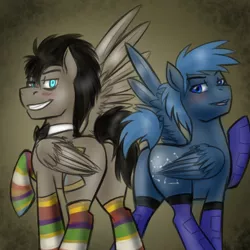 Size: 750x750 | Tagged: artist:jitterbugjive, clothes, derpibooru import, discorded, discord whooves, doctor whooves, grin, jack harkness, looking at you, plot, raised hoof, raised tail, smiling, socks, spread wings, star hunter, striped socks, suggestive, tail, time turner