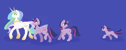 Size: 2500x1000 | Tagged: safe, artist:geomancing, deleted from derpibooru, derpibooru import, princess celestia, twilight sparkle, twilight sparkle (alicorn), alicorn, pony, unicorn, age progression, blue background, female, filly, filly twilight sparkle, mare, multeity, simple background, unicorn twilight, younger