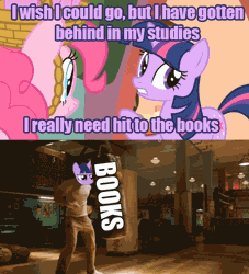 Size: 488x537 | Tagged: safe, derpibooru import, edit, edited screencap, screencap, twilight sparkle, party of one, animated, book, captain america, literal, metaphor gif, pun, punch, punching bag, the avengers, visual pun