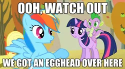 Size: 624x348 | Tagged: safe, derpibooru import, edit, edited screencap, screencap, applejack, rainbow dash, spike, twilight sparkle, dragon, pegasus, pony, unicorn, fall weather friends, dragons riding ponies, egghead, female, image macro, male, mare, riding, trio, unicorn twilight