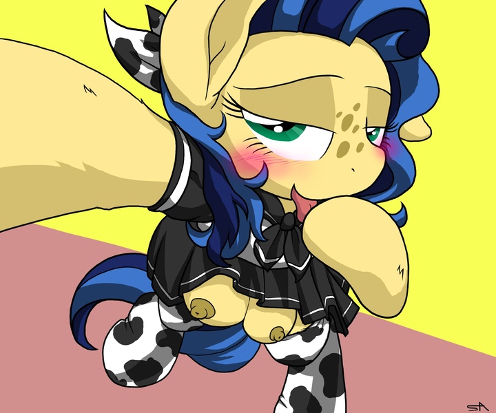 Size: 2400x2000 | Tagged: questionable, artist:surgicalarts, derpibooru import, oc, oc:milky way, unofficial characters only, pony, bedroom eyes, bipedal, blushing, camera, clothes, crotchboobs, female, freckles, impossibly large crotchboobs, mare, nipples, nudity, school uniform, schoolgirl, selfie, solo, solo female, tongue out