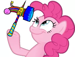 Size: 783x600 | Tagged: safe, derpibooru import, pinkie pie, pony, female, hammer, homestuck, look what pinkie found, mare, simple background, solo, war hammer, warhammer of zillyhoo, white background, xk-class end-of-the-world scenario