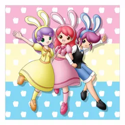 Size: 1200x1200 | Tagged: apple bloom, artist:jdan-s, bowtie, bunny ears, clothes, crossdressing, derpibooru import, dress, humanized, kors k, safe, scootaloo, shorts, sweetie belle, wuv u