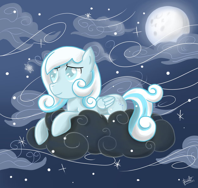 Size: 2000x1906 | Tagged: safe, artist:benkomilk, derpibooru import, oc, oc:snowdrop, unofficial characters only, pegasus, pony, snowdrop (animation), cloud, cloudy, moon, night