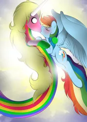 Size: 2452x3432 | Tagged: adventure time, artist:v-d-k, crossover, crossover shipping, derpibooru import, female, kissing, lady rainicorn, lesbian, rainbow dash, safe, surprise kiss