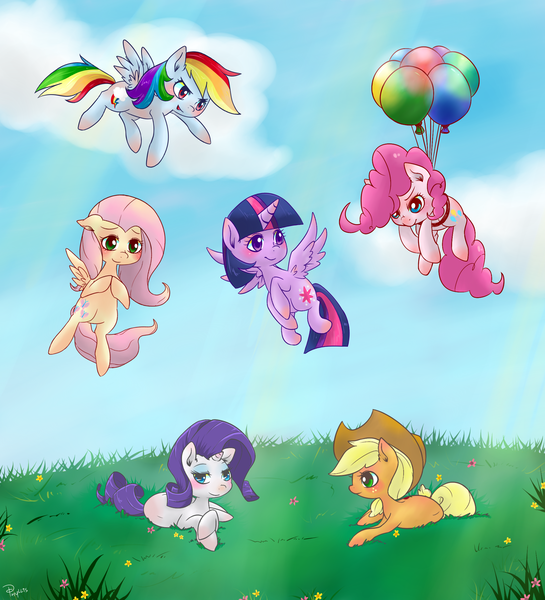 Size: 2000x2200 | Tagged: safe, artist:phyllismi, derpibooru import, applejack, fluttershy, pinkie pie, rainbow dash, rarity, twilight sparkle, twilight sparkle (alicorn), alicorn, pony, balloon, female, mane six, mare, then watch her balloons lift her up to the sky