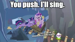 Size: 960x540 | Tagged: safe, derpibooru import, edit, edited screencap, screencap, princess cadance, twilight sparkle, alicorn, pony, unicorn, a canterlot wedding, caption, crystal caverns, duo, female, hub logo, mare, out of context, text, this day aria, unicorn twilight