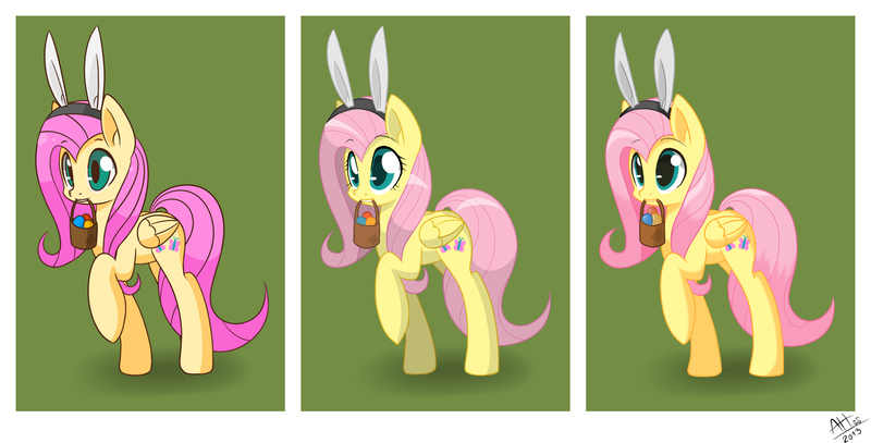 Size: 2750x1400 | Tagged: artist:average-hanzo, basket, bunny ears, derpibooru import, easter, easter egg, fluttershy, mouth hold, safe, solo