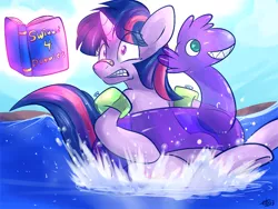 Size: 1024x768 | Tagged: artist:fizzy-dog, book, derpibooru import, floaty, inflatable, inner tube, magic, pool toy, safe, solo, swimming, this will end in tears, this will not end well, twilight sparkle, water, water wings