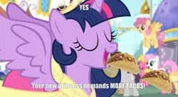 Size: 1918x1048 | Tagged: cherry berry, clothes, coronation dress, derpibooru import, dizzy twister, doctor whooves, dress, eating, edit, edited screencap, food, impact font, magical mystery cure, orange swirl, safe, screencap, taco, taco twilight, text, time turner, twilight sparkle, twilight sparkle (alicorn), twinkleshine, written script