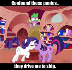 Size: 600x583 | Tagged: and then spike was a man, blushing, confound these ponies, derpibooru import, eyes closed, female, image macro, kissing, lesbian, lesbian in front of boys, male, meme, raised tail, rarilight, rarity, safe, shipping, spike, tail, twilight sparkle