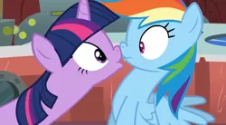 Size: 826x457 | Tagged: safe, derpibooru import, screencap, rainbow dash, twilight sparkle, double rainboom, boop, female, imminent kissing, kissing, lesbian, noseboop, out of context, scrunchy face, shipping, twidash