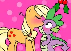 Size: 1024x736 | Tagged: safe, artist:finceline4ever, derpibooru import, applejack, spike, dragon, earth pony, pony, applespike, blushing, dots, female, hatless, heart, holly, holly mistaken for mistletoe, interspecies, kiss on the lips, kissing, male, mare, missing accessory, pink background, shipping, simple background, spikelove, straight