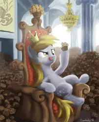 Size: 646x800 | Tagged: safe, artist:cannibalus, derpibooru import, derpy hooves, pegasus, pony, crown, epic, epic derpy, female, mare, muffin, muffin queen, royalty, solo, that pony sure does love muffins, throne, tongue out
