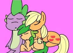 Size: 517x379 | Tagged: safe, artist:finceline4ever, derpibooru import, applejack, spike, dracony, dragon, earth pony, hybrid, pony, applespike, blushing, dots, female, foal, hatless, heart, interspecies offspring, male, mare, missing accessory, offspring, parent:applejack, parent:spike, parents:applespike, pink background, shipping, simple background, sleeping, straight