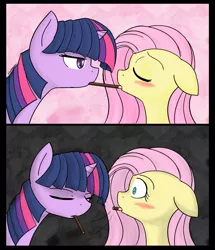 Size: 1379x1600 | Tagged: safe, artist:thattagen, derpibooru import, fluttershy, twilight sparkle, pegasus, pony, unicorn, abstract background, blushing, comic, eye contact, eyes closed, female, floppy ears, frown, glare, kiss denied, lesbian, lidded eyes, looking at each other, mare, mouth hold, pocky, pocky game, rejection, shipping, shocked, sockypockytwi, twishy, unamused, unicorn twilight, wide eyes