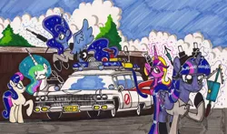 Size: 1936x1138 | Tagged: safe, artist:newyorkx3, derpibooru import, bon bon, princess cadance, princess celestia, princess luna, sweetie drops, twilight sparkle, twilight sparkle (alicorn), alicorn, pony, 59 cadillac, ambulance, cadillac, car, crossover, ecto-1, female, ghostbusters, magic, mare, station wagon, traditional art