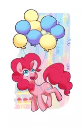 Size: 2013x3063 | Tagged: safe, artist:nifty-senpai, derpibooru import, pinkie pie, earth pony, pony, balloon, colored pupils, confetti, cupcake, cute, diapinkes, female, flying, food, mare, open mouth, solo, then watch her balloons lift her up to the sky