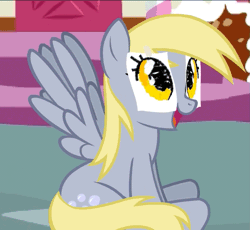 Size: 783x720 | Tagged: safe, artist:mixermike622, derpibooru import, derpy hooves, pegasus, pony, animated, cute, daaaaaaaaaaaw, dan vs fim, derpabetes, female, flapping, looking at you, mare, open mouth, sitting, smiling, solo, tape, underp, youtube link
