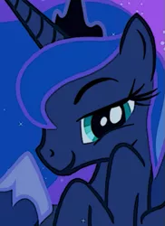 Size: 369x506 | Tagged: safe, artist:zombiecollie, derpibooru import, edit, screencap, princess luna, alicorn, pony, ask lusty luna, luna eclipsed, close-up, crown, ethereal mane, female, flowing mane, hoof shoes, jewelry, lidded eyes, looking at you, lusty luna, mare, profile, raised hoof, reaction image, regalia, smiling, solo, stupid sexy luna, teal eyes, tumblr