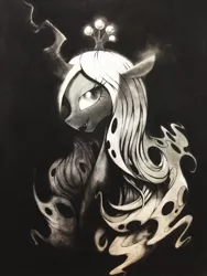 Size: 1200x1600 | Tagged: artist:murphylaw4me, beautiful, changeling, changeling queen, detailed, monochrome, queen chrysalis, safe, smiling, solo, traditional art