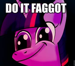 Size: 666x591 | Tagged: artist:senx, derpibooru import, do it, do it faggot, faic, meme, safe, slur, smirk, solo, twiface, twilight sparkle, vulgar