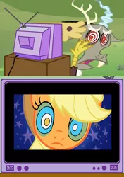 Size: 347x493 | Tagged: applejack, derpibooru import, discord, exploitable meme, hypnosis, irony, safe, tv meme