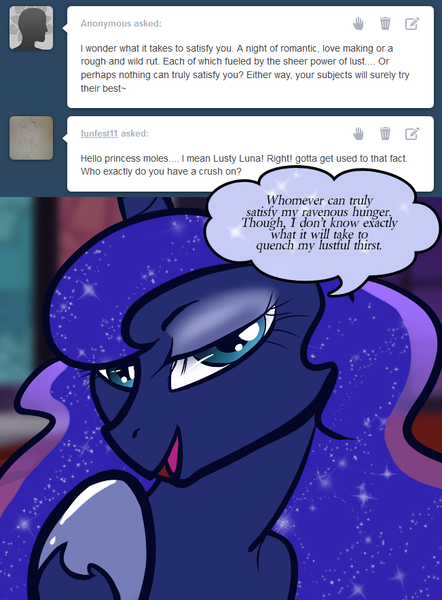 Size: 651x883 | Tagged: artist:zombiecollie, ask, ask lusty luna, bedroom eyes, derpibooru import, lunaughty, lusty luna, princess luna, suggestive, tumblr