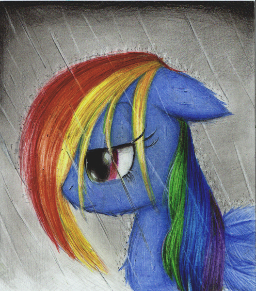 Size: 706x802 | Tagged: artist:takomomo, derpibooru import, rain, rainbow dash, safe, solo, traditional art, wet, wet mane