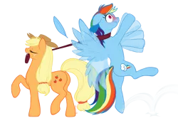 Size: 1280x851 | Tagged: safe, artist:arareroll, derpibooru import, applejack, rainbow dash, appledash, blushing, collar, female, flailing, leash, lesbian, pet play, scrunchy face, shipping