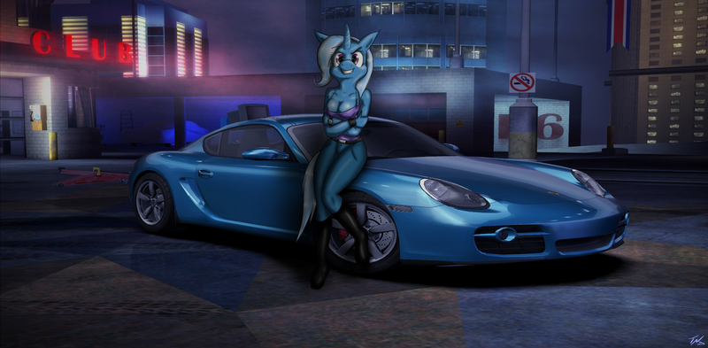 Size: 1920x943 | Tagged: anthro, artist:tunderi, breasts, car, cleavage, crossover, derpibooru import, grin, need for speed, porsche, porsche cayman, suggestive, trixie, video game