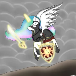 Size: 1280x1280 | Tagged: armor, artist:sinrar, derpibooru import, flying, fog, princess celestia, safe, shield, solo, sword, warrior celestia