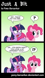 Size: 5000x8704 | Tagged: safe, artist:pony-berserker, derpibooru import, pinkie pie, twilight sparkle, earth pony, pony, unicorn, comic:just a bit, 2013, absurd resolution, alternate style, asking, comic, confused, dialogue, duo, duo female, english, exclamation point, female, floppy ears, frown, gradient background, inkscape, interrobang, lidded eyes, looking at each other, looking at you, mare, pointing, ponyscape, question mark, raised hoof, raised leg, speech bubble, standing, talking, thinking, vector, wondering