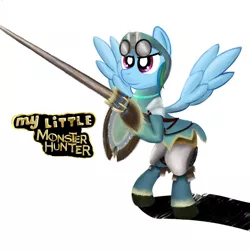 Size: 1000x1000 | Tagged: artist:cheshiresdesires, crossover, derpibooru import, lance, monster hunter, rainbow dash, safe, shield, weapon