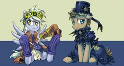 Size: 1100x594 | Tagged: safe, artist:saturnspace, derpibooru import, derpy hooves, doctor whooves, time turner, pegasus, pony, clockwise whooves, crossdressing, female, mare, steampunk