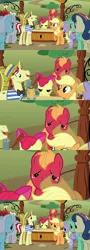 Size: 960x2680 | Tagged: safe, derpibooru import, edit, edited screencap, screencap, apple bloom, applejack, big macintosh, bon bon, cloud kicker, flim, linky, lucky clover, lyra heartstrings, shoeshine, sweetie drops, earth pony, pony, the super speedy cider squeezy 6000, facebomb, male, sad, sadness, stallion, tenso, wat, wtf