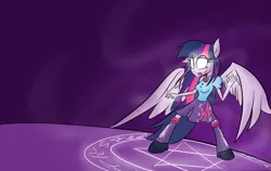 Size: 2530x1600 | Tagged: safe, artist:tixolseyerk, derpibooru import, twilight sparkle, twilight sparkle (alicorn), alicorn, equestria girls, eared humanization, glowing eyes, humanized, magic, magic circle, ponied up, tailed humanization, winged humanization