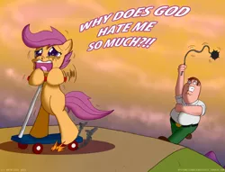 Size: 900x688 | Tagged: artist:ladyanidraws, crossover, crying, family guy, flail, god, peter griffin, scootabuse, scootaloo, scooter, semi-grimdark