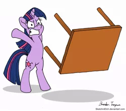 Size: 949x842 | Tagged: safe, artist:sketchinetch, derpibooru import, twilight sparkle, pony, unicorn, angry, bipedal, female, gritted teeth, mare, reaction image, signature, simple background, solo, table, table flip, unicorn twilight, white background