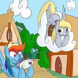 Size: 1024x1024 | Tagged: safe, artist:martinhello, derpibooru import, derpy hooves, rainbow dash, fish, pegasus, pony, female, letter, mail, mare, saddle bag